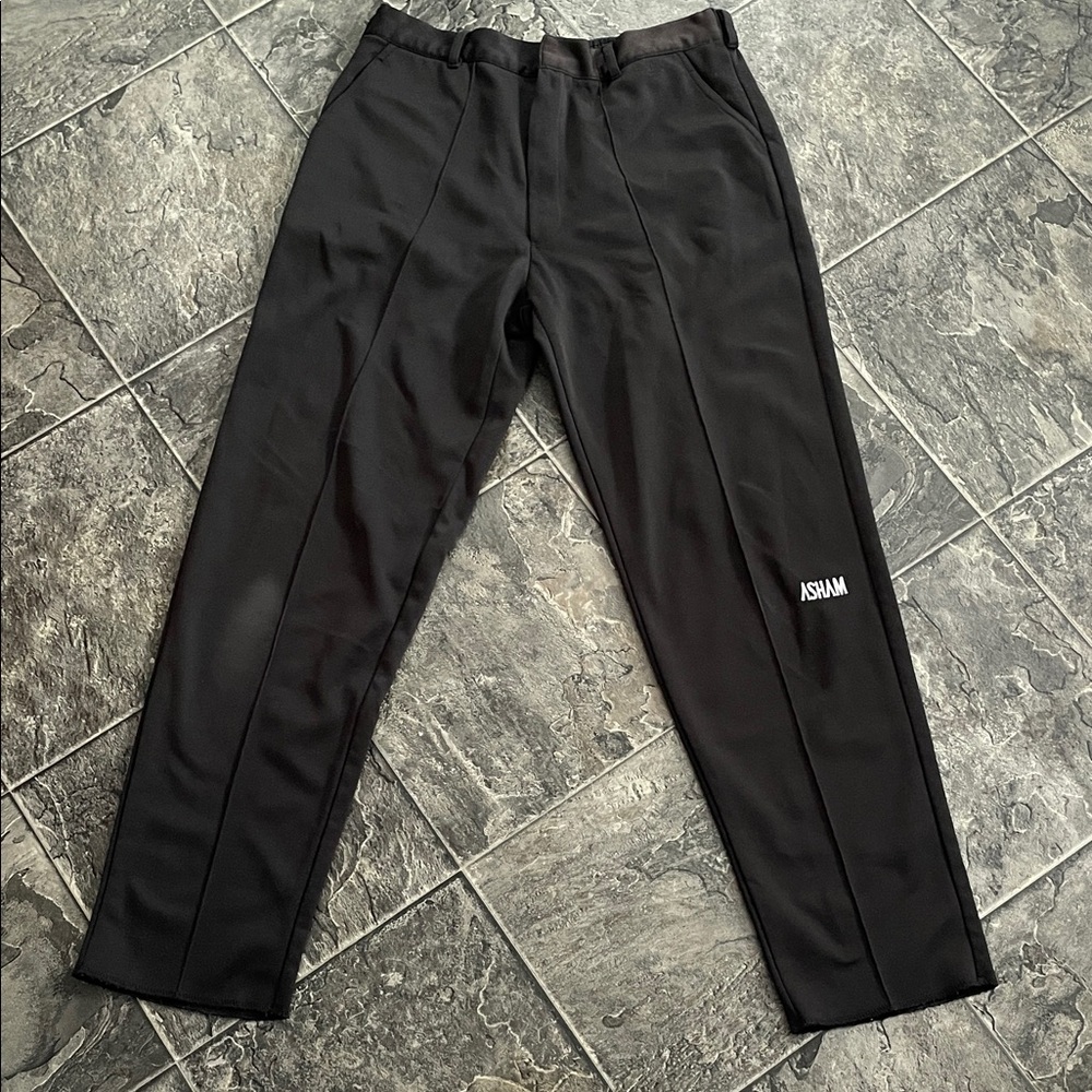 ASHAM Women’s Curling Pants Black Embroidered Logos Rough Hem Sporty Athletics
